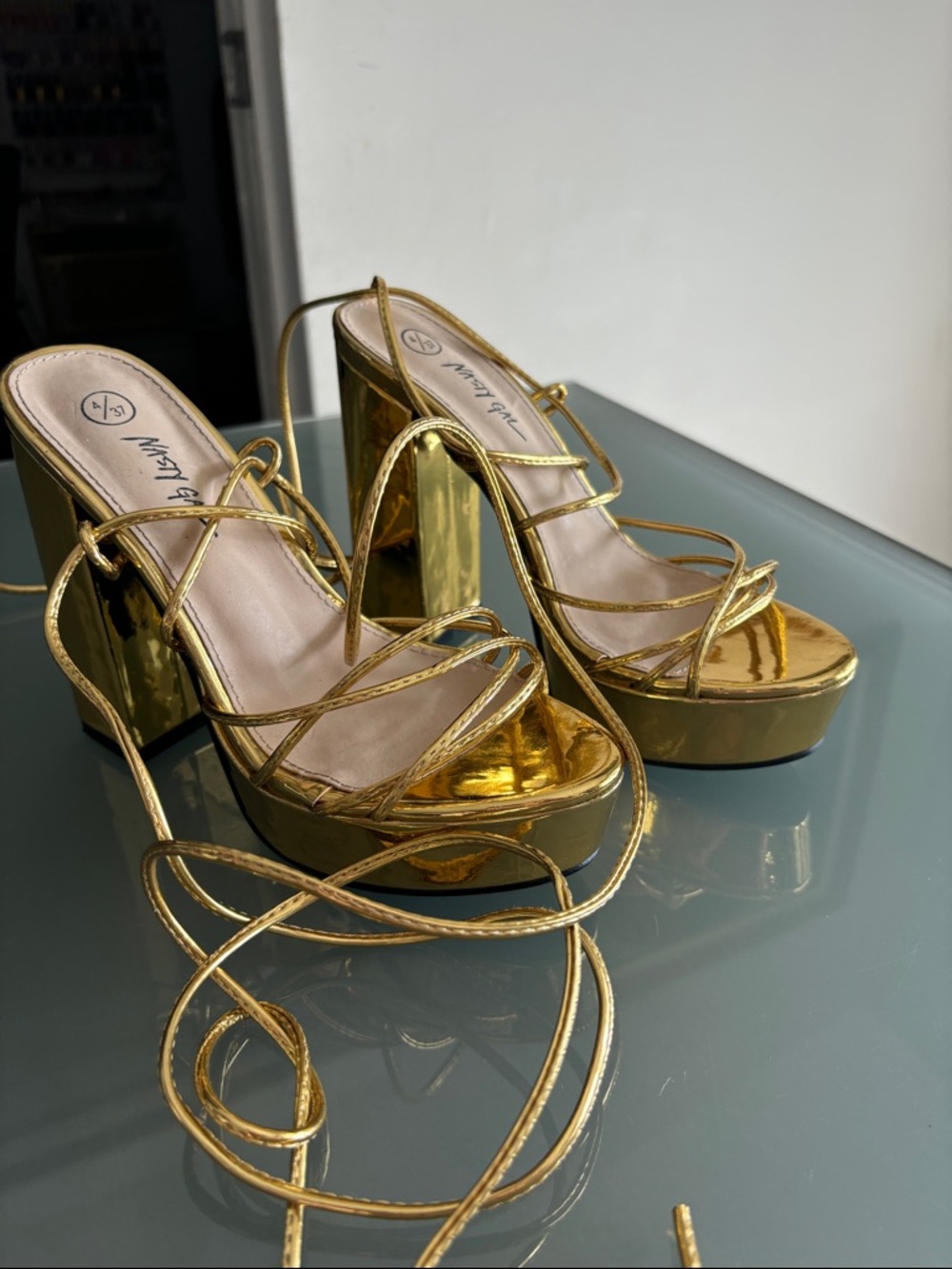 Nasty Gal Metallic Gold Lace-Up Platform Heels
